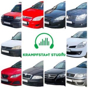 Image of a sound effects library on Sonniss: collage of diverse 2000s cars front designs surrounding "Krampfstadt Studio" logo.