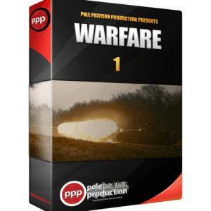 Image of a warfare sound effects library box cover on Sonniss—tank silhouette with explosion, Pole Position Production.