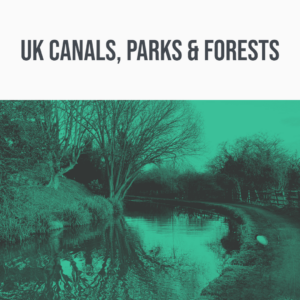 The image, titled "UK Canals, Parks & Forests," showcases a sound library landscape of tree-lined canals, tinted green.