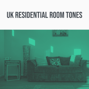 The image is of a sound effects library on Sonniss showcasing UK residential room tones in a cozy living room scene.