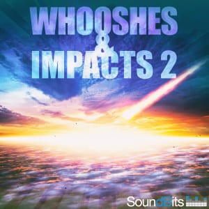Cover art of a sound effects library showing a meteor in the sky over an ocean, featuring "Whooshes & Impacts 2" by SoundBits.
