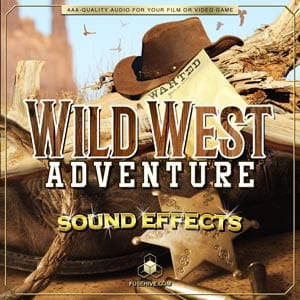 The image is of a sound effects library on Sonniss. Cowboy hat, wanted poster & sheriff badge set in a desert scene.