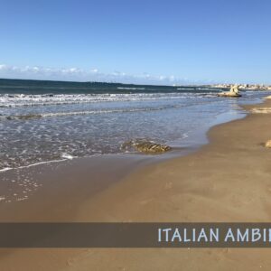 Image on Sonniss shows a sound effects library: "Italian ambience" with gentle waves on a sandy beach under clear skies.