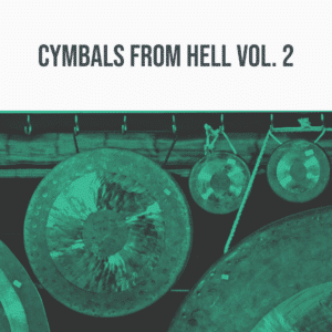 Image of sound effects library on Sonniss: Cover art "Cymbals from Hell Vol. 2" with greenish cymbals and gongs.