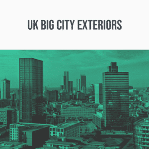 A city skyline with modern high-rises under a green sky, showcasing the "UK Big City Exteriors" sound effects library on Sonniss.