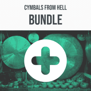 The image is of a sound effects library on Sonniss, showcasing teal gongs and cymbals as part of the "Cymbals From Hell Bundle.