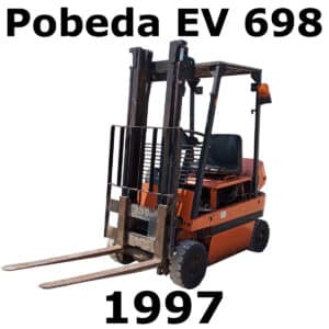 Image of a Pobeda EV 698 1997 forklift sfx library on Sonniss, featuring dual front forks and an orange warning light.
