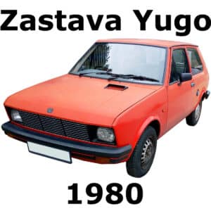 The image is of a sound library on Sonniss featuring SFX of a 1980 Zastava Yugo, displayed at an angle with bold text.