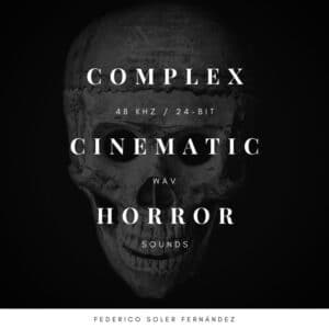 A skull image on Sonniss promoting a comprehensive sound effects library for cinematic horror in 48 kHz/24-bit WAV by Federico Soler Fernández.