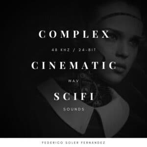 Monochromatic image of "Complex Cinematic SciFi Sounds" in 48 kHz/24-bit WAV—perfect for a sound effects library on Sonniss.