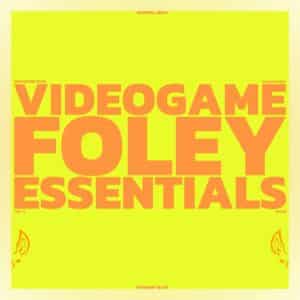 Sound effects library image with bold orange text "VIDEOGAME FOLEY ESSENTIALS VOL. II" on yellow, detailing sfx file info.