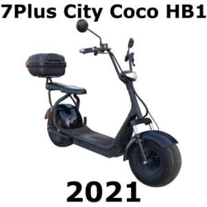 A black electric scooter with thick tires, a seat, and a rear storage box labeled "7Plus City Coco HB1" (2021) - ideal for SFX library visuals.