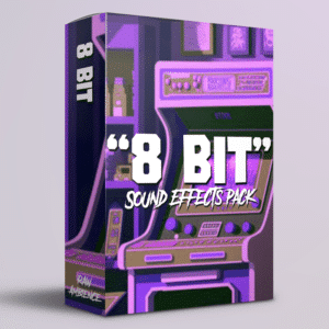 Box titled "8 Bit SFX Library" featuring a vintage arcade machine illustration in purple, ideal for retro sound effects.