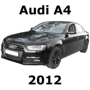 An image of a sfx library on Sonniss featuring a black 2012 Audi A4 from an angle, labeled "Audi A4" and "2012".