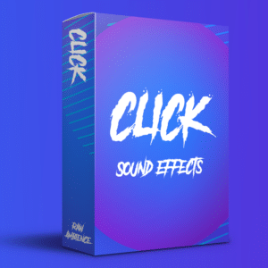 An SFX library box on Sonniss, showcasing a "Click Sound Effects" label with vibrant gradient and graffiti-style text.