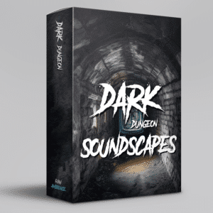 Box titled "Dark Dungeon Soundscapes" with a dim tunnel image, perfect for an immersive sound library experience.