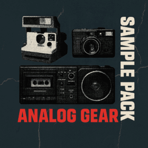Vintage technology collage of a Polaroid camera, film camera, and cassette recorder on a "sound effects library" image from Sonniss.