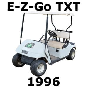 Image of a white E-Z-GO TXT golf cart with canopy roof, ideal for "sound library" searches. Text and logo details included.