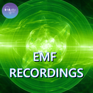 Green abstract background featuring "EMF RECORDINGS" and "Audio Quest" logo; ideal for sound effects library visuals.