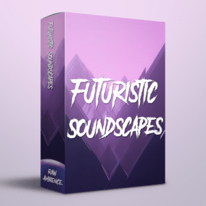 Futuristic Soundscapes SFX library cover with stylized purple mountains and bold white text on the Sonniss sound effects library.