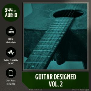 Guitar Designed Vol. 2" promo featuring an SFX library image of a guitar close-up, overlaid in green, detailing specs on Sonniss.