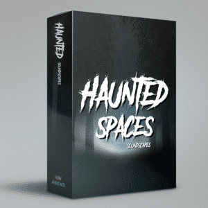 A dark forest path image for "Haunted Spaces Soundscapes", ideal for a sound effects library exploring eerie ambiance.
