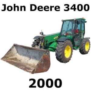A John Deere 3400 loader tractor with a large front bucket attachment, featured in a sound effects library on Sonniss.