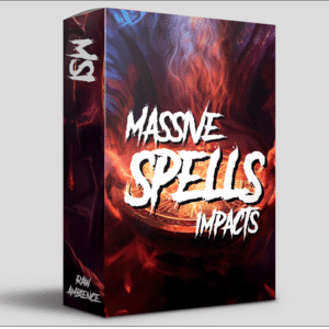Sound effects library image on Sonniss: "Massive Spell Impacts" with fiery magical imagery by Raw Ambience.