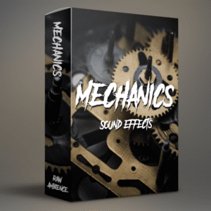 Image of a sound effects library on Sonniss showcasing "Mechanics Sound Effects" with gears and mechanical elements.