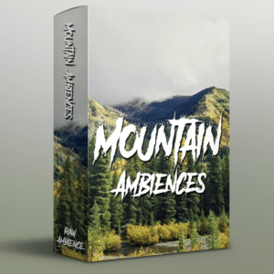Box with "Mountain Ambiences" text, featuring an sfx library image of forested mountains under cloudy skies on Sonniss.