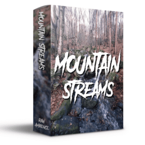 Sound library labeled "Mountain Streams" with rocky forest scene. Discover high-quality sound effects at Sonniss.