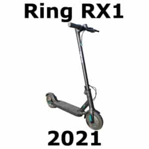 A black electric scooter labeled "Ring RX1" with the year "2021". Perfect for cityscape sfx library needs. Minimalist design, blue accents.