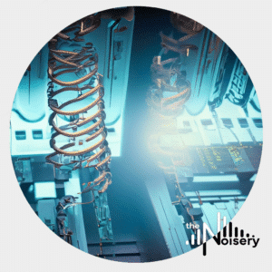 Futuristic sound library with coiled structures, glowing blue tech. "The Noisery" logo visible. Ideal for sci-fi SFX exploration.