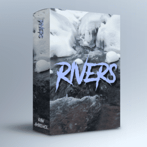 A sound effects library box showcasing a snowy river for raw ambience, titled "Rivers" in bold blue on Sonniss.