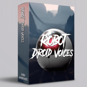 SFX library cover showing a software box titled "Robot Droid Voices" with a sleek, modern circular robot eye design.