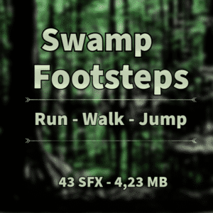 Text reading "Swamp Footsteps Run - Walk - Jump" on blurred forest backdrop. "43 sound effects library - 4.23 MB" below.