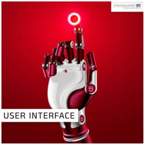 Futuristic robotic hand reaching for a glowing red circle; perfect for enhancing your sound effects library collection.