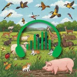 Illustrated scene of animals with green headphones, reflecting a sound effects library on Sonniss.