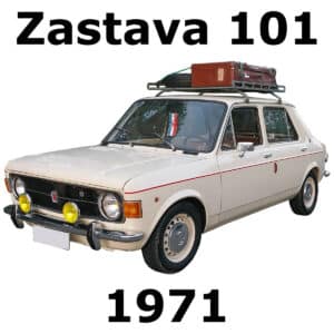 A classic white 1971 Zastava 101 car with luggage, perfect for enhancing your sfx library with authentic vintage sound effects.