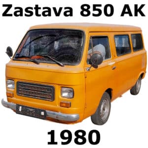 A bright orange Zastava 850 AK van, 1980 model, front-left view, is perfect for a vintage vehicle sound effects library.