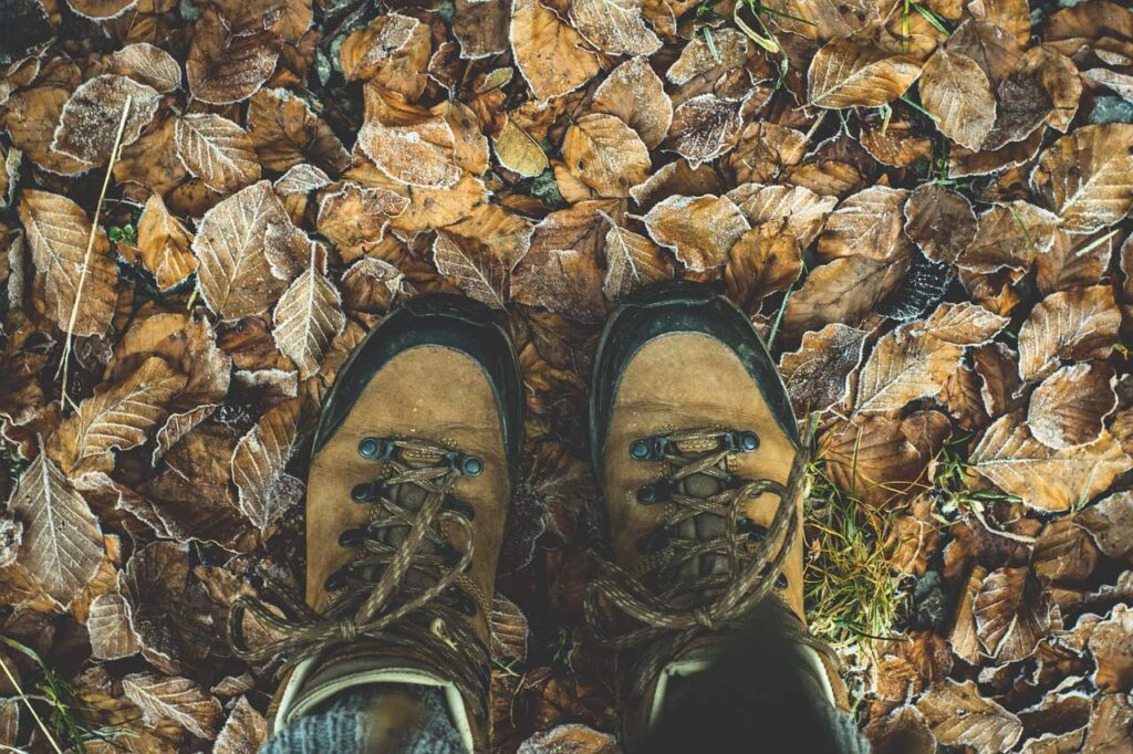 Forest Footsteps brown hiking boots stand on ground covered in frost-dusted brown leaves.