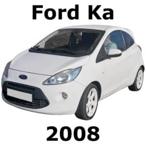 Image of a white Ford Ka from 2008 with a driver, perfect for automotive sound library resources on Sonniss.