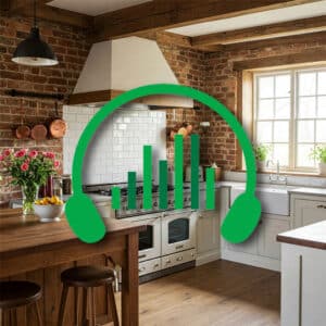 A rustic kitchen image on Sonniss, enhanced by a sound effects library icon of a green headphone and sound bars graphic.
