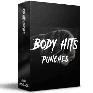 A 3D-rendered "Body Hits Punches" sfx library box with a fist in cloth—ideal for realistic body impact sound effects.