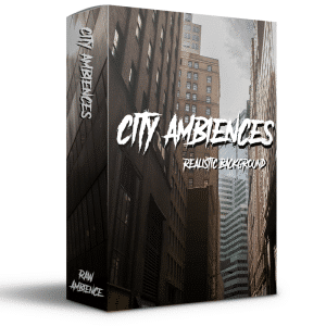A sound effects library box labeled "City Ambiences: Realistic Background" with tall buildings & cloudy sky on Sonniss.