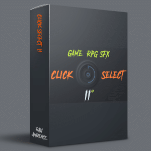 An SFX library box for "GAME RPG SFX CLICK SELECT II" featuring a power button and "RAW AMBIENCE" on the side on Sonniss.
