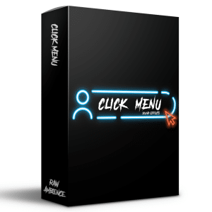 An SFX library box labeled "Click Menu Sound Effects" featuring neon graphics and an orange cursor on Sonniss.