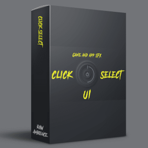 An SFX library software box for "Click Select UI" game and app sound effects, RAW AMBIENCE label, power icon in center—on Sonniss.