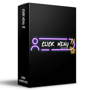 An sfx library box on Sonniss: "CLICK MENU 11 SOUND EFFECTS" neon text, user icon, cursor, RAW AMBIENCE label.