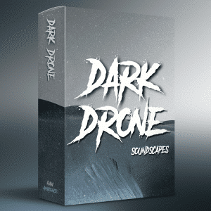 An SFX library box titled "Dark Drone Soundscapes" features bold text and "Raw Ambience" on a dramatic, abstract backdrop.